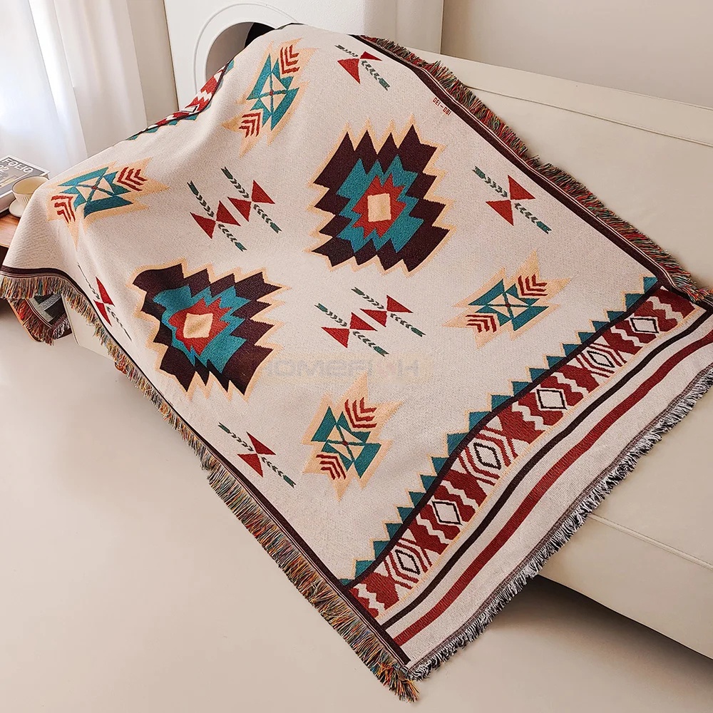 Boho Throw Blanket Fringe - Couverture Aztèque surdimensionnée, jeté bohème avec