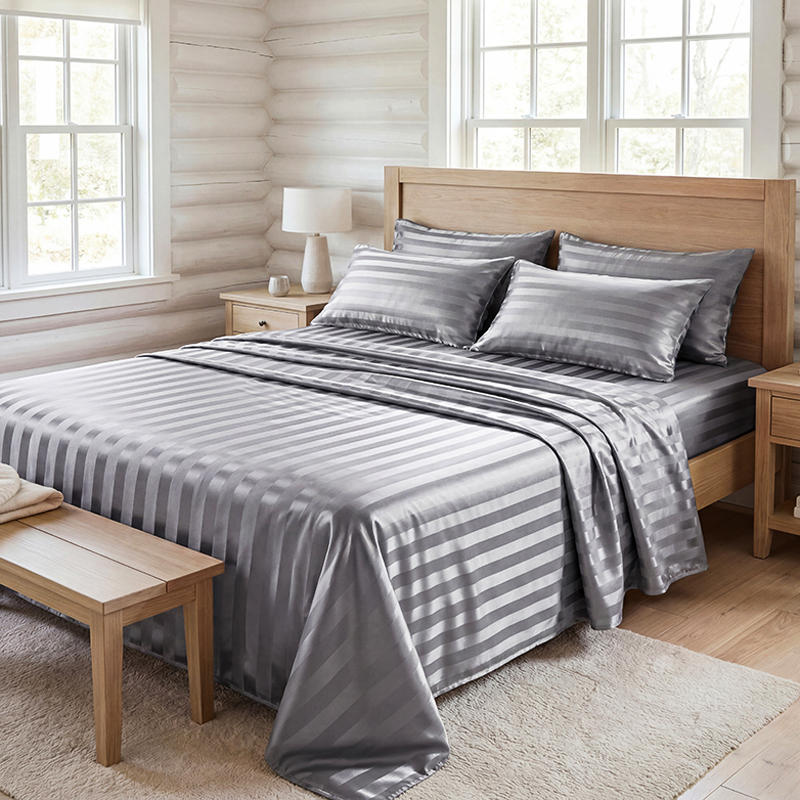 Fitted Bed Sheets Deep Pocket - Parure de draps en satin rayé