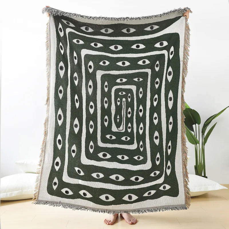 Couverture Jacquard Vert et Bl - Boho Throw Blanket Fringe avis et prix